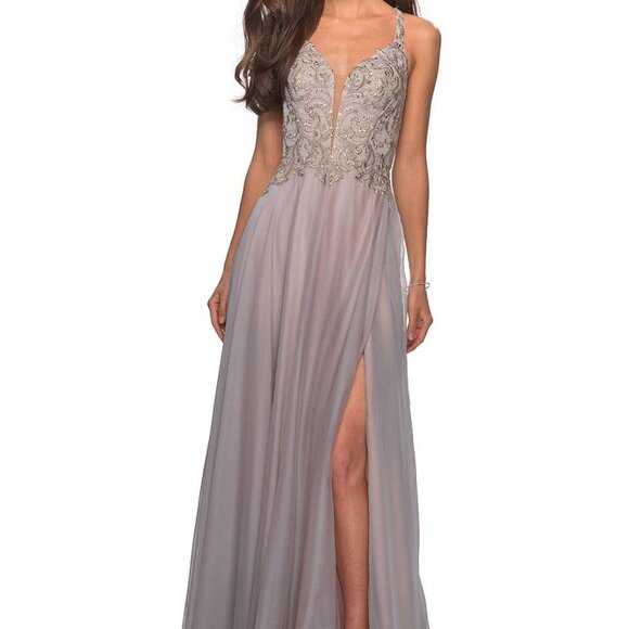 NWT La Femme 27729SC Chiffon Prom Dress Grey/Pink Size 6 - Picture 1 of 8